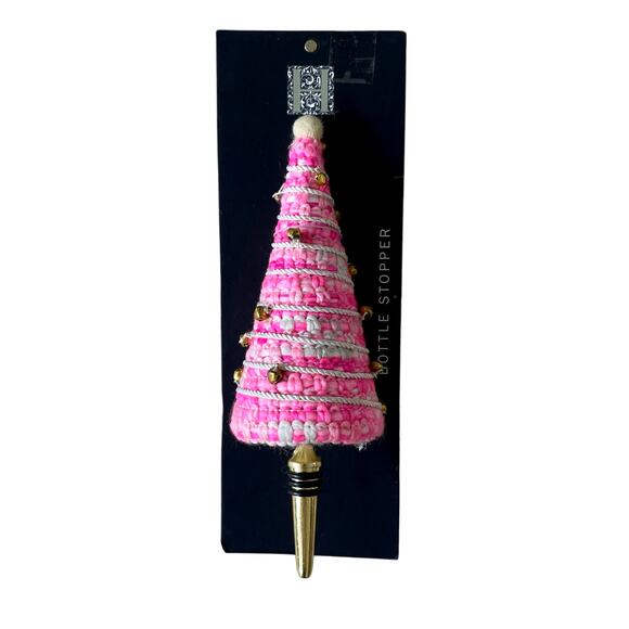 Pink Christmas Tree Bottle Stopper Embellished Holiday Glam Gold Bells New - Picture 1 of 10